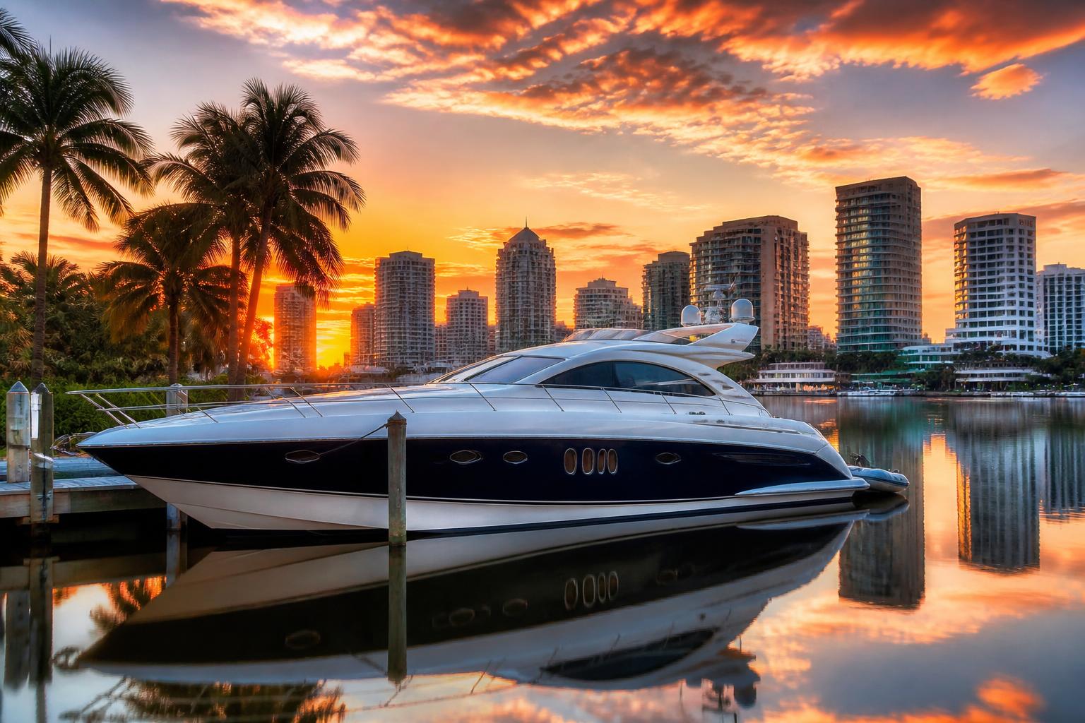 Luxury motor yacht moored on the Intracoastal at sunset with the Fort Lauderdale skyline behind it